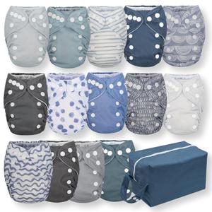 Nora's Nursery Newborn All-in-One Cloth Diaper 14-Pack with Diaper Pod for Clean Storage - Waterproof, Washable, Reusable, and Adjustable for Babies Under 12lbs - Making Waves