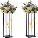 Rectangular Metal Wedding Flower Stand Vase with Hanging Glass Globe Terrarium Tealight Candle Holder, Multifunctional Geometric Column Frame Centerpiece (Black, 2 Pcs 25.2'')