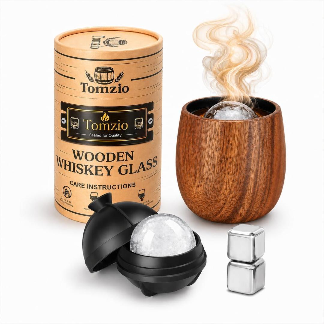 Charred Wooden Bourbon Drinking Glass Set,USA Design 11oz Handcrafted Premium Acacia Whiskey Tumbler, 2 Stones & 1 Ice Ball Molds,Charred Old Fashioned Glass,Unique Bourbon Gifts for (1 Pack Charred)