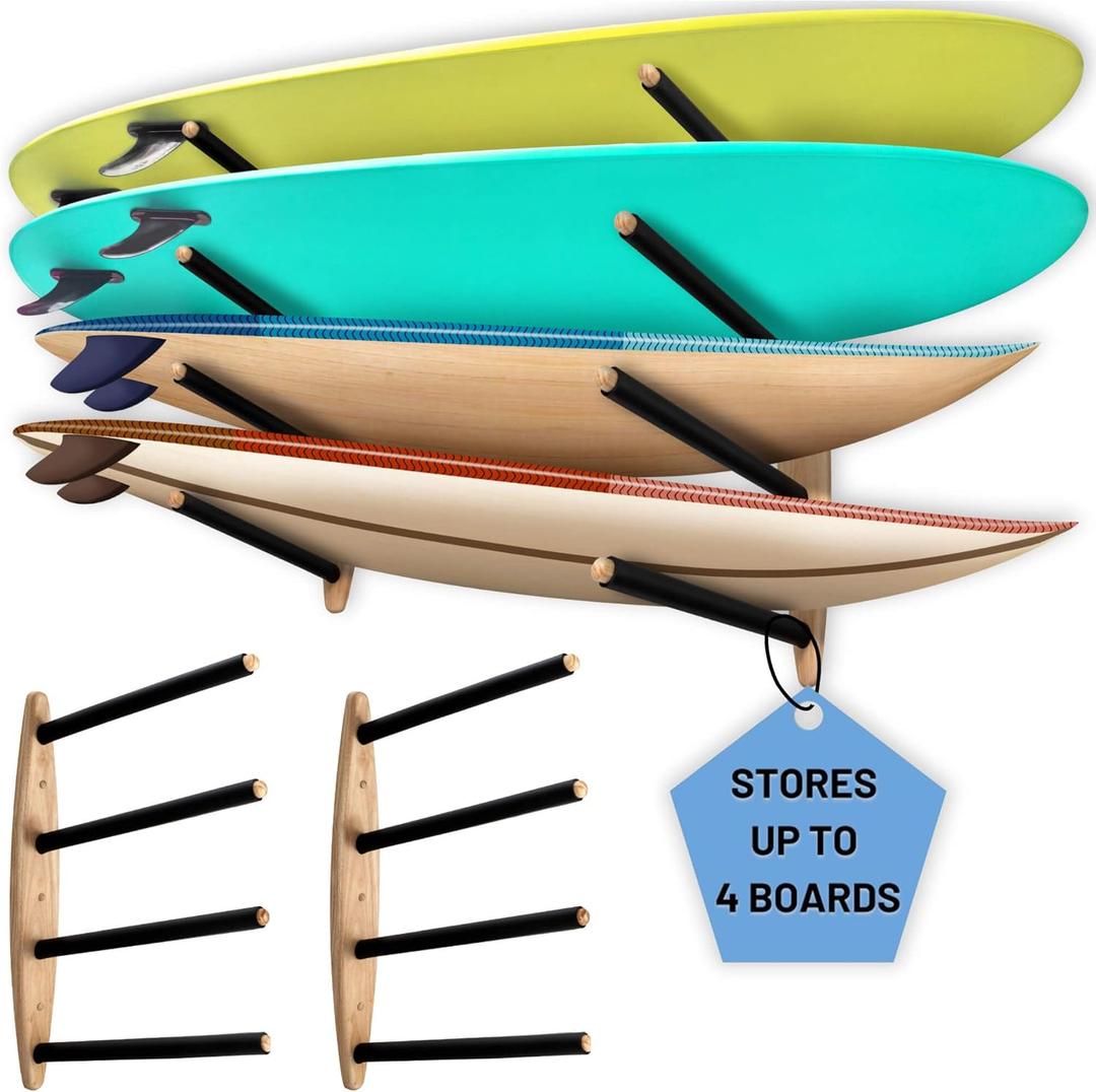 Hang 11 Surfboard Wall Rack, Surfboard Rack for Wall Mount, Sustainable Wooden Surf Board Storage for Garage, Surf Hangers, Horizontal Paddle Board SUP & Wakeboard Holder