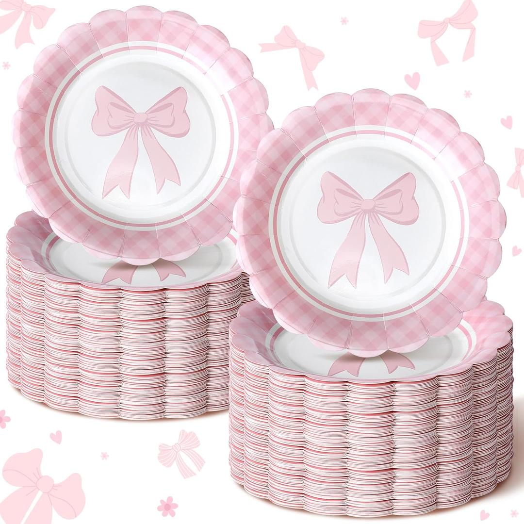 100 Pcs Coquette Birthday Decorations Pink Bow Paper Plates Coquette Birthday Decorations Pink Disposable Dessert Plates for Girl Bachelorette Bridal Engagement Wedding Party Supplies