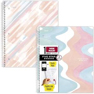 Five Star Spiral Notebook + Study App, 4 Pack,  Wide Ruled, 8" x 10-1/2", 80 Sheets, Fights Ink Bleed, Water Resistant Cover, Pastel Waves and Brush Strokes (930210F-ECM)