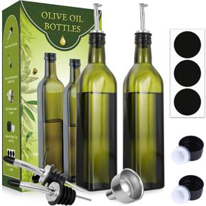 AOZITA [2 PACK 17 oz Glass Olive Oil Dispenser Bottle Set - 500ml Dark Green Oil & Vinegar Cruet Bottle with Pourers, Funnel and Labels - Olive Oil Carafe Decanter for Kitchen