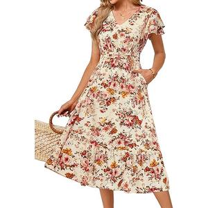 JASAMBAC Women Summer Dresses Casual Flowy Beach V Neck Ruffle Sleeve Smocked Back Waist Floral Midi Dress with Pockets, Size S