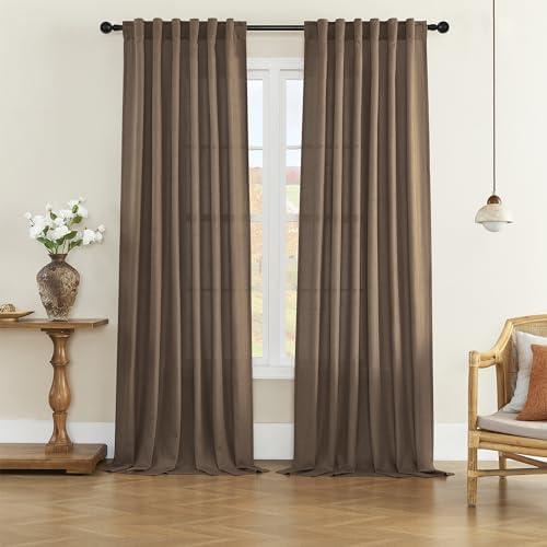 Back Tab and Rod Pocket Linen Curtains 102 Inch Length 2 Panels Set, Light Filtering Semi Sheer Farmhouse Boho Curtains & Drapes for Bedroom Living Room, W50 x L102，Brown