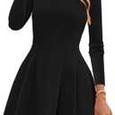 PRETTYGARDEN Long Sleeve Mini Dress for Women 2026 Spring Crewneck Knit Pleated Babydoll A Line Casual Short Party Dresses. L