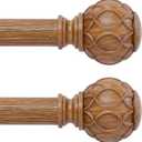 2 Pack Wood Curtain Rods for Windows 48 to 84 Inch(4-7ft),1 Inch Adjustable Curtain Rod,Heavy Duty Curtain Rods,Wooden Netted Texture Drapery Rods,Single Window Curtain Rod 36-88",Brown Wood