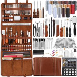 TLKKUE Leather Tooling Kit Leather Craft Tools Leatherworking Kit with Custom Handbag Cutting Mats Engraving Punching Sewing Stamping Sanding Tools for Handicraft Work Professional