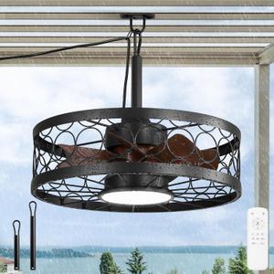 LEDIARY Outdoor Ceiling Fan with Light and Remote,Waterproof Gazebo Fan with Hanging Hook,6 Speeds, 3CCT, 20 Inch Caged Plug in Ceiling Fan for Patios,Porch, Pergola,Canopy (Black)