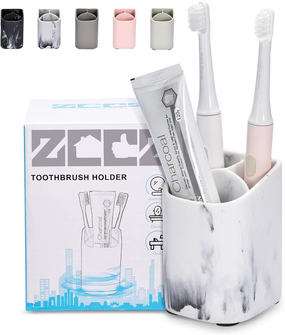 ZCCZ Toothbrush Holder for Bathroom - Perfect Electric or Kids Toothbrush Organizer - Premium White Marble Bathroom Accessory for Modern and Stylish Countertop Storage