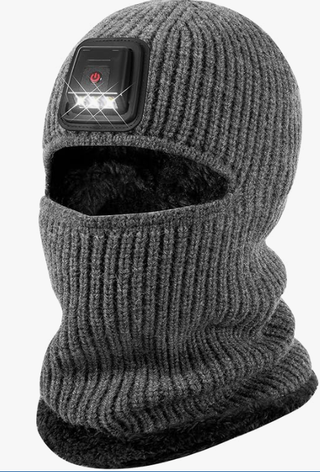 Winter Balaclava Knitted Ski Mask with LED Light - Fleece Lined Full Face Cover Windproof Snow Mask for Skiing, Motorcycling, Grey