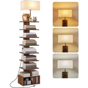 HOOBRO Narrow Bookshelf, 9-Tier Bookshelf with Light, Spine Book Shelf for Small Apartment, Tall Floor Standing Book Organizer, for Living Room, Office, Bedroom, Rustic Brown FG09DSJ01, 13.8"L x 9.4"W x 67.7"H