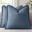 ANRODUO Set of 2 Decorative Throw Pillow Covers 26×26 Inch Soft Linen Fringe Farmhouse Boho Vintage Cushion Covers with Tassels Accent Pillowcase for Couch Sofa Bed Living Room Summer Blue Ashes