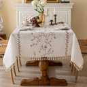 Joyfol Day Linen Waterproof Tablecloth with Tassels, Rustic Farmhouse Flowers Embroidery Table Cloths for Rectangle Tables, Heavy Weight Spill-Proof Table Covers, Coffee Florals, 55''x 102''