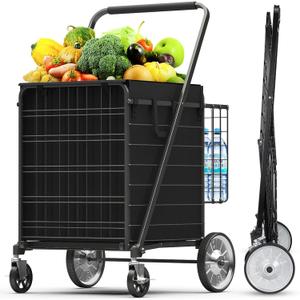 5.7 Cu Ft Folding Shopping Cart - 600 LB Capacity Grocery Cart with 360 Braked Swivel Wheels - Heavy Duty Utility Cart with Double Basket & Removable Waterproof Liner with Lid for Laundry