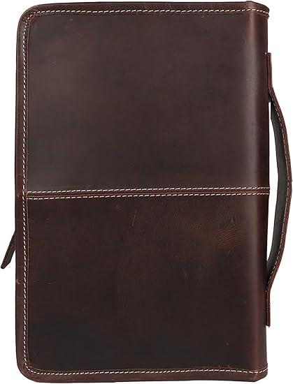 Leather Bible Cover Book Cover Planner Cover with Handle and Back Pocket (Dark Brown) Size 10.8x6.8x2 inches