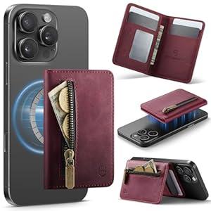 Strapurs Magnetic Card Holder Compatible with MagSafe Phones and Cases, PU Leather Slim Phone Wallet for iPhone 16/ 15/ 14/ 13/ 12/ Pro/ Max/ Plus, 4 Card Slots RFID Blocking with Zipper Pocket - Burgundy