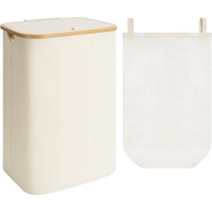StorageWorks 100L Large Laundry Hamper with Lid, Tall Laundry Basket with Bamboo Handles and Removable Inner Bag, Collapsible Laundry Hamper for Clothing, Towels, Beige, 1-Pack