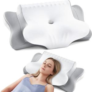 DONAMA Cervical Neck Pillow for Pain Relief, Orthopedic Contour Neck Pillow with Memory Foam Ergonomic Pillows with Dual Heights for Back, Stomach and Side Sleepers (Light Gray)