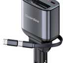 Retractable car Charger, 105W car Cigarette Lighter Adapter, 4 in 1 car Charger USB c with 45W Retractable Type c Cable for iPhone16 15 Pro/ Max/ 14/ 13, Samsung Galaxy S23/ S22, MAC