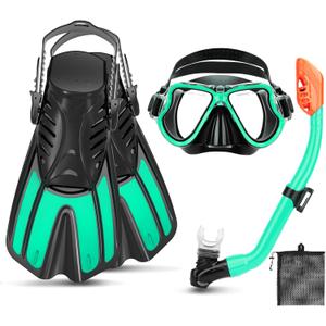 Snorkeling Gear for Kids, 4 in 1 Child Mask Fins Snorkel Set with Panoramic View Anti Fog Mask, Dry Top Snorkel, Trek Fins and Travel Bag, Kids Snorkeling Set with Fins for Snorkeling Swimming (Turquoise)