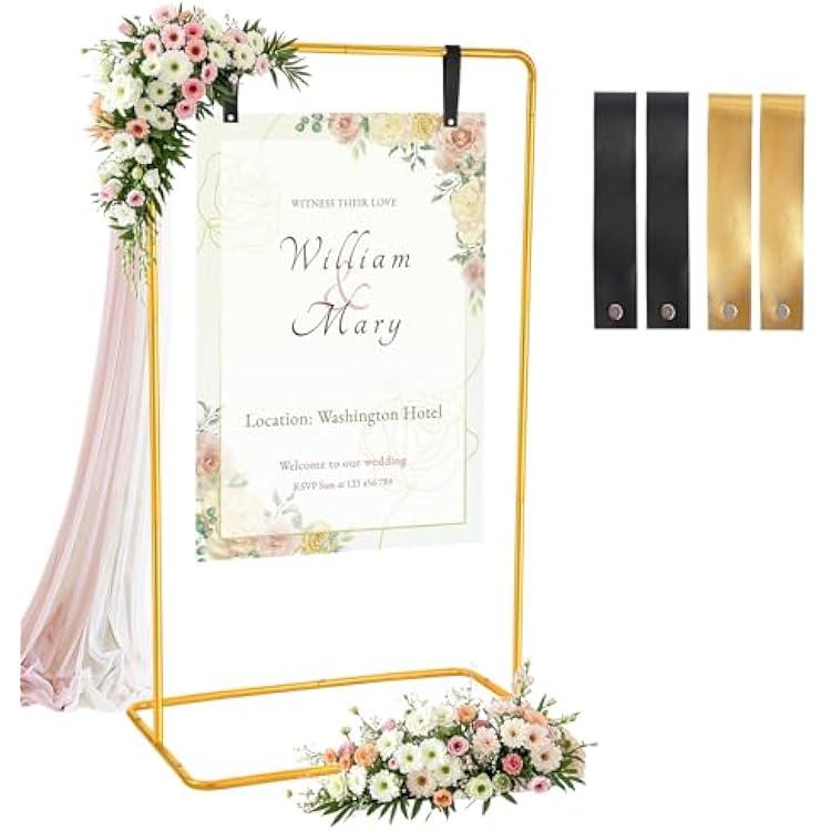 Wedding Welcome Sign Holder Personalized, Gold Welcome to Our Wedding Hanging Sign Holder with Leather Sign Straps, Easel Stand for Sign, Adjustable Wedding Seating Chart Stand