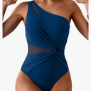 One Shoulder One Piece Swimsuit for Women Mesh Tummy Control Bathing Suit Twist Swimwear with Removable Strap, M, Blue