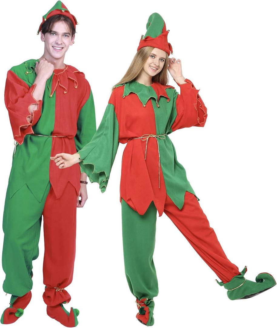 EraSpooky Christmas Elf Costumes Men Women Adults Xmas Santa Outfit Suit Festive Dress Up Funny Cosplay Party (Large)