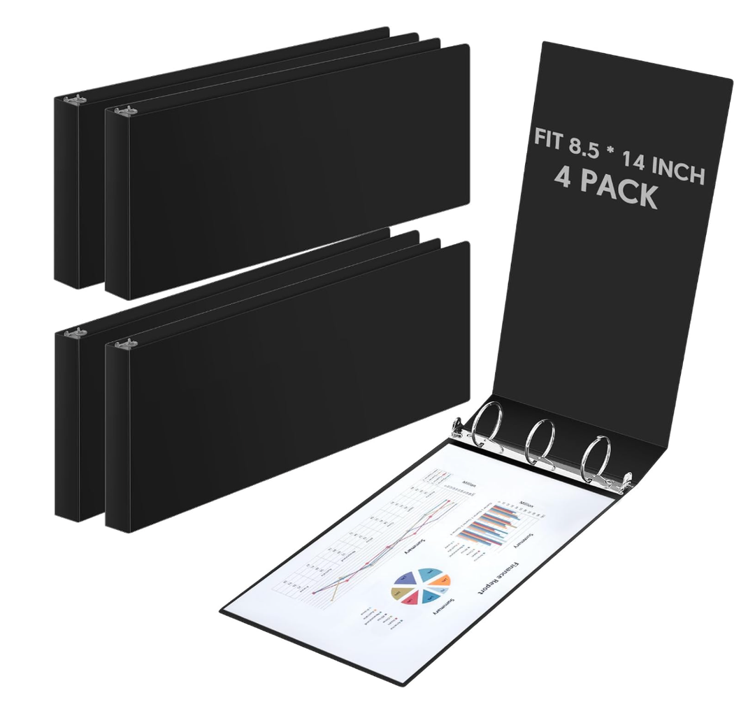 Humyoun 4 Pcs 8.5'' x 14'' Landscape 3 Ring Legal Size Binders 2 Inch Round Ring Binders Heavy Duty Economy Holds 8.5 '' x 14'' Paper for Artwork Blueprints, Office, Home, Work Places (Black)