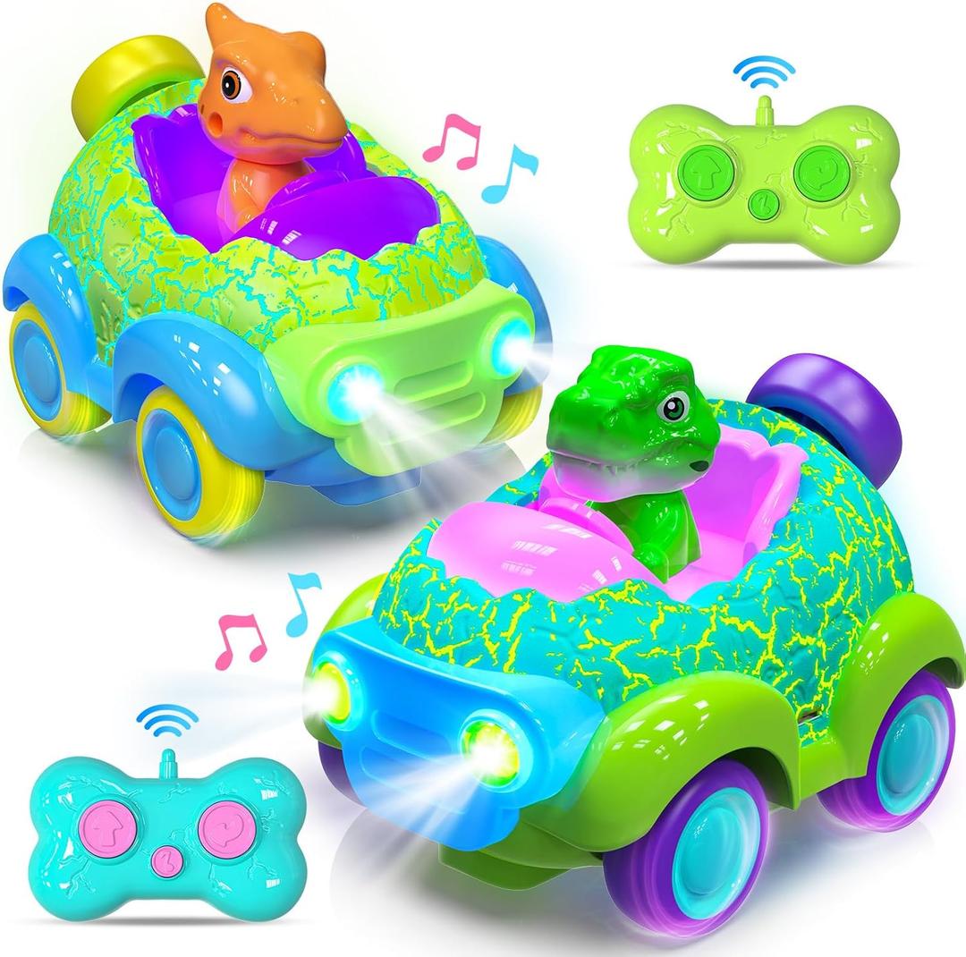 Carsky Toddler Remote Control Car, 2 Pack Dinosaur RC Cars for Toddler Toys 3, Car Toys for 3 4 5 Year Old Boys and Girls Birthday Gift, LED Lights & Music