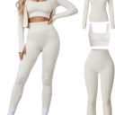 Women 3 Piece Seamless Workout Set Sports Bra High Waisted Gym Yoga Leggings Zip Up Jacket with Thumbhole Activewear (Beige, L)