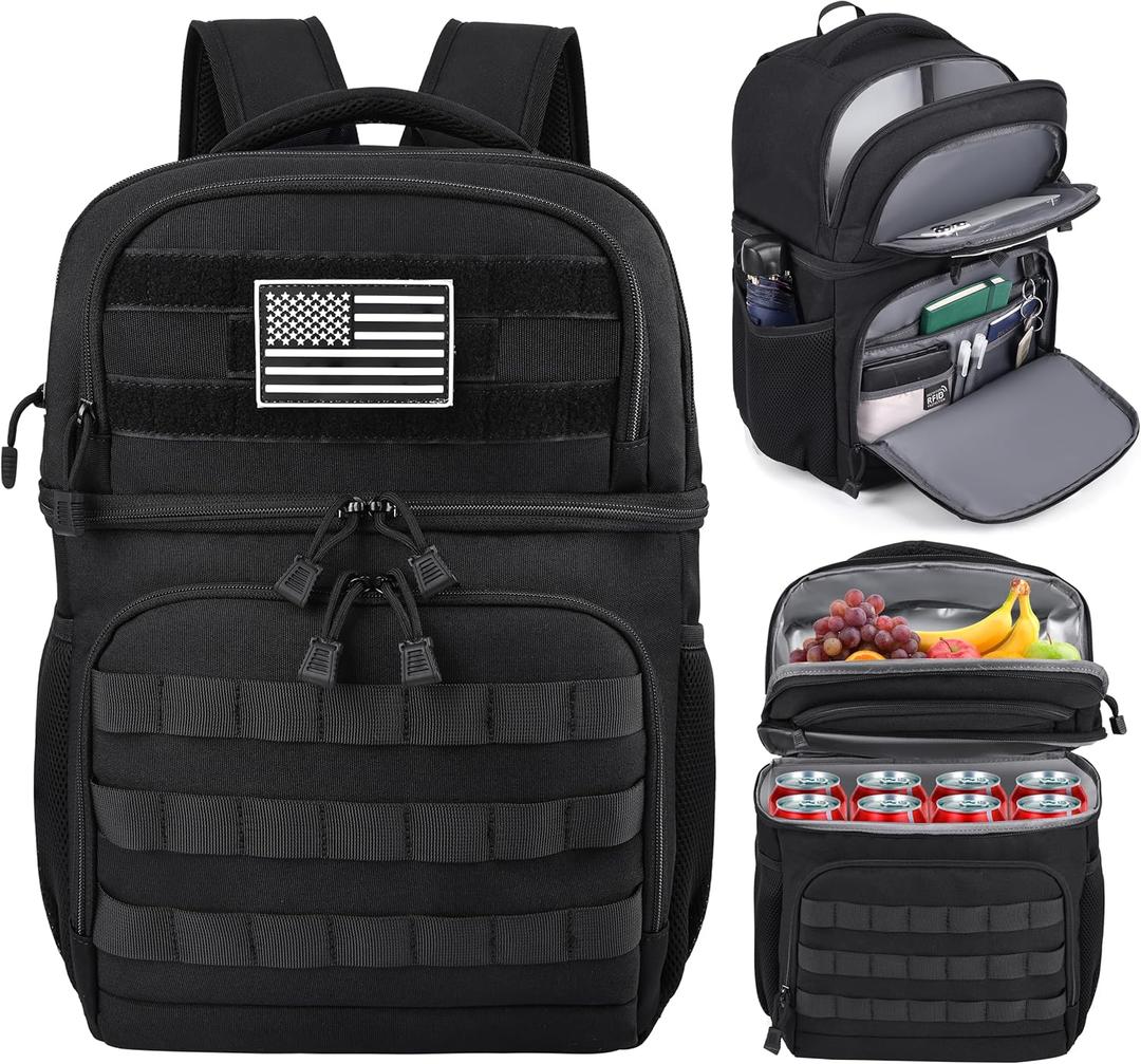 MOZETO Lunch Backpack for Men, Tactical Inspired Double Deck Cooler Backpack Insulated Leakproof RFID Lunchbox for Work