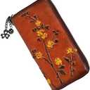 SHARPAD Wallet Genuine Leather for Women - with RFID Blocking Card checkbook ID Slot Large Capacity Vintage style (flower brown)