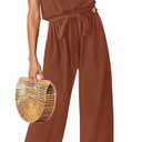 ZESICA Women's Casual Off Shoulder Solid Color Strapless Belted Wide Leg Jumpsuit Romper (Medium, Caramel)
