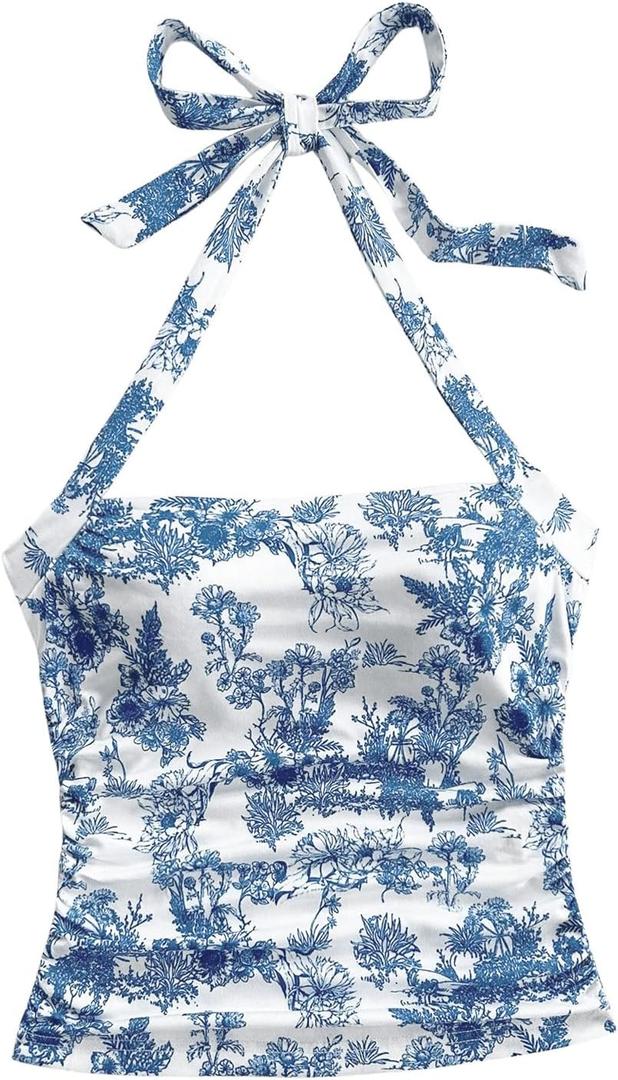  WDIRARA Women's Floral Print Halter Top Ruched Tie Backless Sleeveless Boho Crop Tops (Blue and White), Small