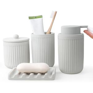BosilunLife Light Grey Bathroom Accessories Set - Ceramic Bathroom Counter Soap Set Bathroom Decor Sets Accessories Bathroom Foam Soap Dispenser and Toothbrush Holder Set, Soap Dish, Apothecary Jars