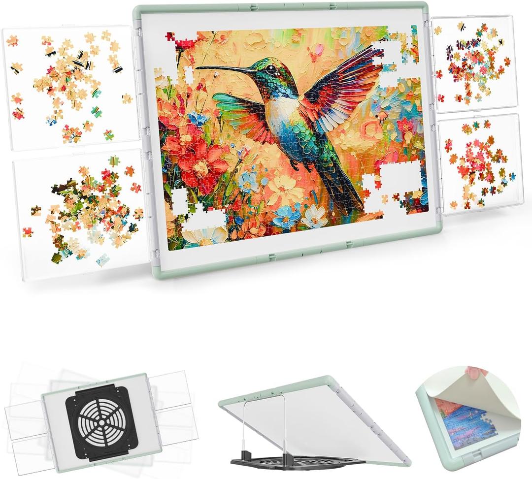 1000 Pieces Puzzle Board 3-in-1 Double-Sided & Rotating & Tilting, Plastic Puzzle Table with Sorting Boxes and PVC Cover, Portable Lazy Susan Jigsaw Puzzle Board for Adults, Gray Green