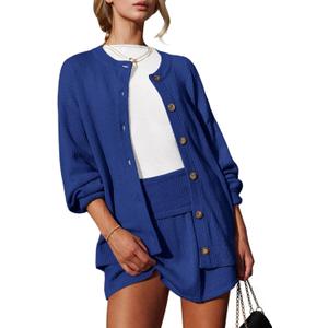 Tankaneo 2 Piece Sweater Sets for Women Long Sleeve Cardigan Outfits Mini Skirts Knit Matching Lounge Set (Blue)