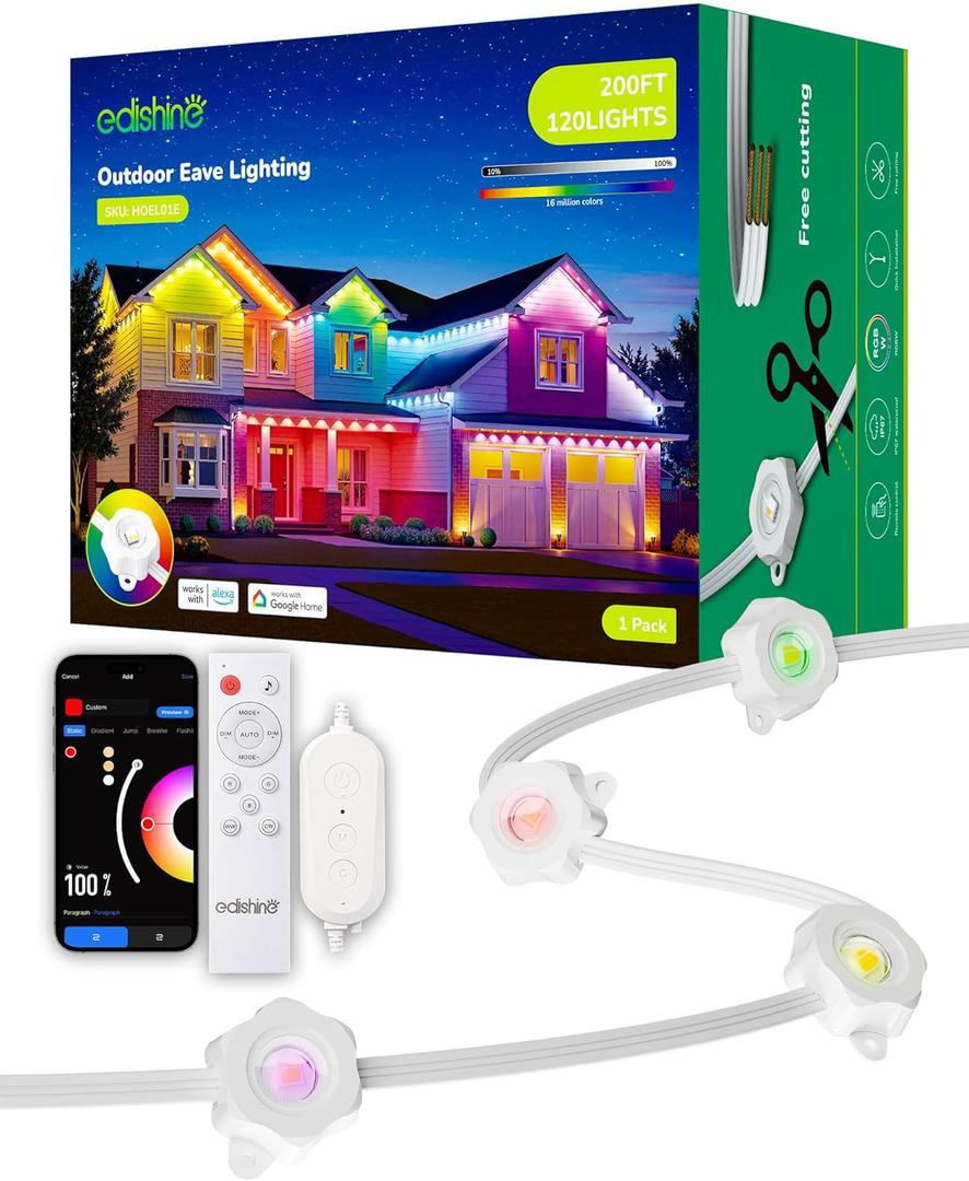 EDISHINE 200FT Permanent Outdoor Lights Cuttable, 120 LED Smart RGB+IC+Warm White Eave Light, 111+ Scene Mode, APP+Voice+Remote Control, IP67 Waterproof for House New Year Decor, Alexa Google Enable 5 count