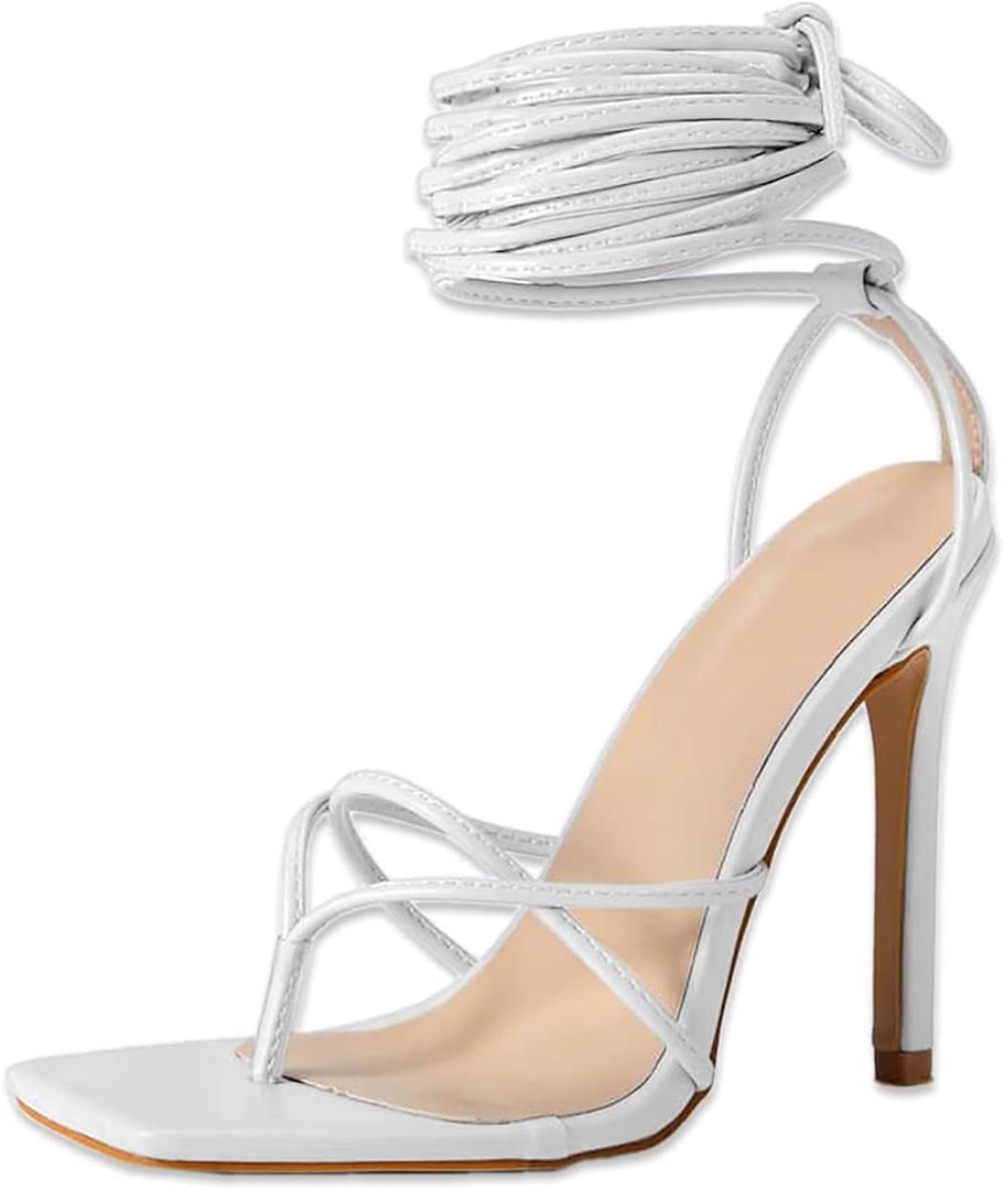 PiePieBuy Women's Lace Up Heeled Sandals Square Flip Flop High Heels Strappy Party Shoes (9, White)