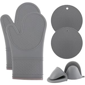 COOK WITH COLOR Silicone Oven Mitts- Heat Resistant Gloves with Soft Quilted Lining Oven Mitt Pot Holders for Cooking and BBQ, Gray, Mitt Set