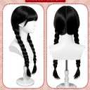 Women's Gothic Black Braided Wig with Bangs - Long Straight Twin Ponytail Synthetic Fiber Wig for Halloween & Party Costumes
