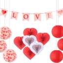 Red Paper Lanterns and Heart Hanging Fans Set, 6pcs Chinese Round Lanterns with 6pcs Heart Shaped Paper Fans & Banner for Wedding Bridal Shower Birthday Romantic Party Decorations