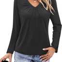 Womens Long Sleeve T Shirts V Neck Ruched Tops Loose Fit Pleated Tee Dressy Casual Tunic Blouses Fall Clothes (XLarge, Black)