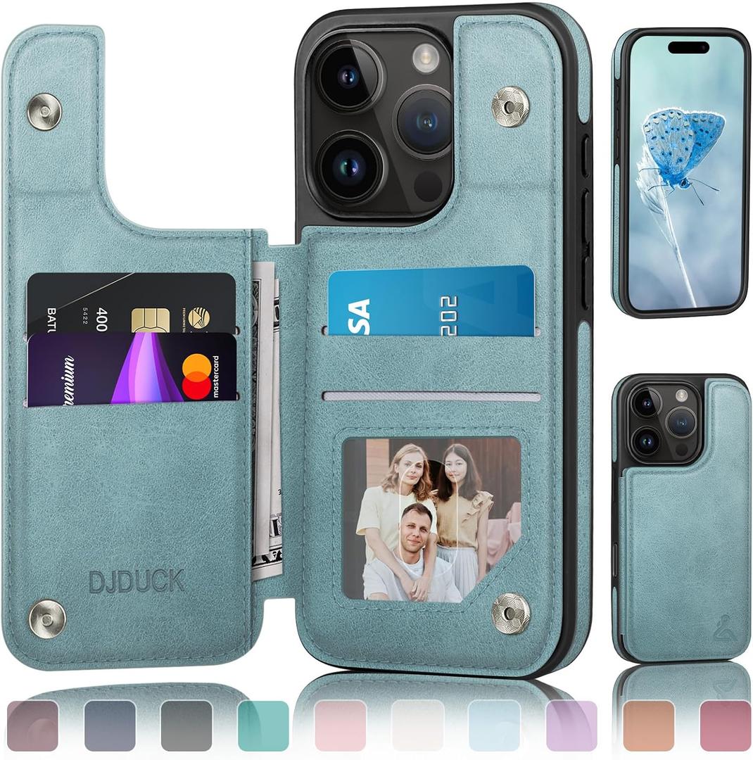 DJDUCK Designed for iPhone 16 Pro Case Wallet with Card Holder, [Magnetic Clasp Cover] [RFID Blocking Leather Protection] Shockproof Women Men Cases 6.3 Inch for Apple 16 Pro Sky Blue