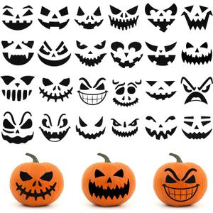 24pcs Halloween Pumpkin Face Stickers, Halloween Jack-O-Lantern Face Craft Decals Props Etching Pumpkin Template Trick Party Supplies for Kids & Adults