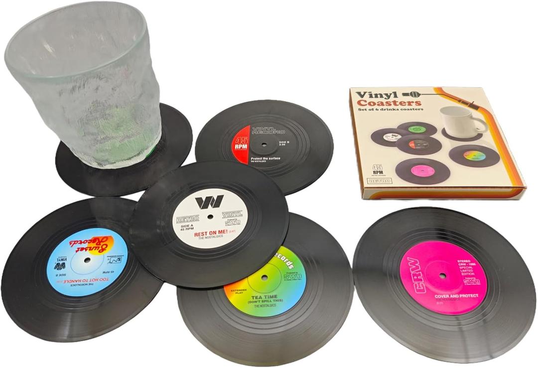 6-Coaster Set Retro Vinyl Coasters, Non-Slip & Heat-Resistant Cup Mats for Cold & Hot Drinks, Fits All Cup Types, Ideal Gift for Music Lovers & Retro Decor Fans (4.1 Inches)