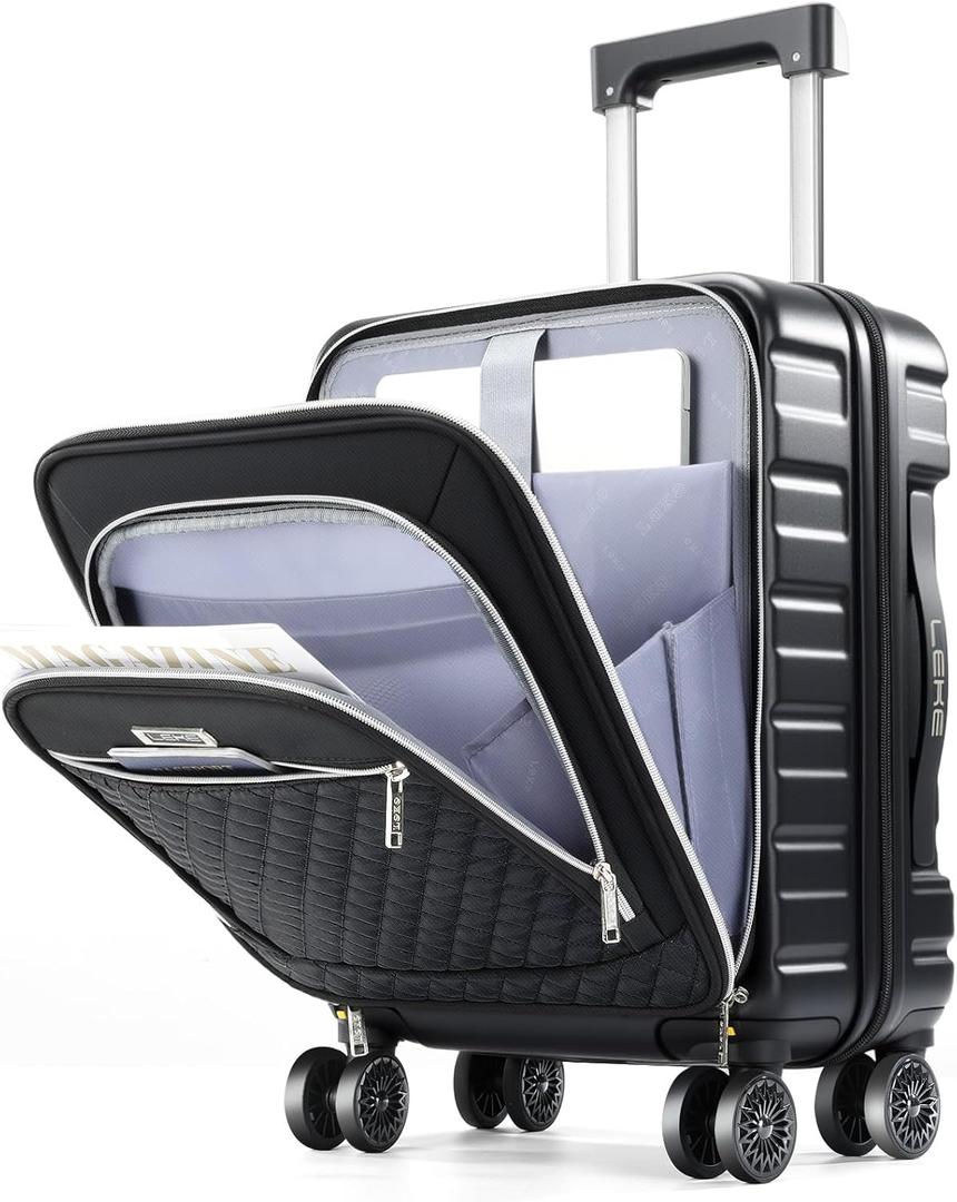 Lekebobor 18 Inch Carry On Luggage Airline Approved, Hybrid Soft Hard Shell Travel Suitcase with Removable Spinner Wheels, TSA Lock, Front Pocket for Women, Black