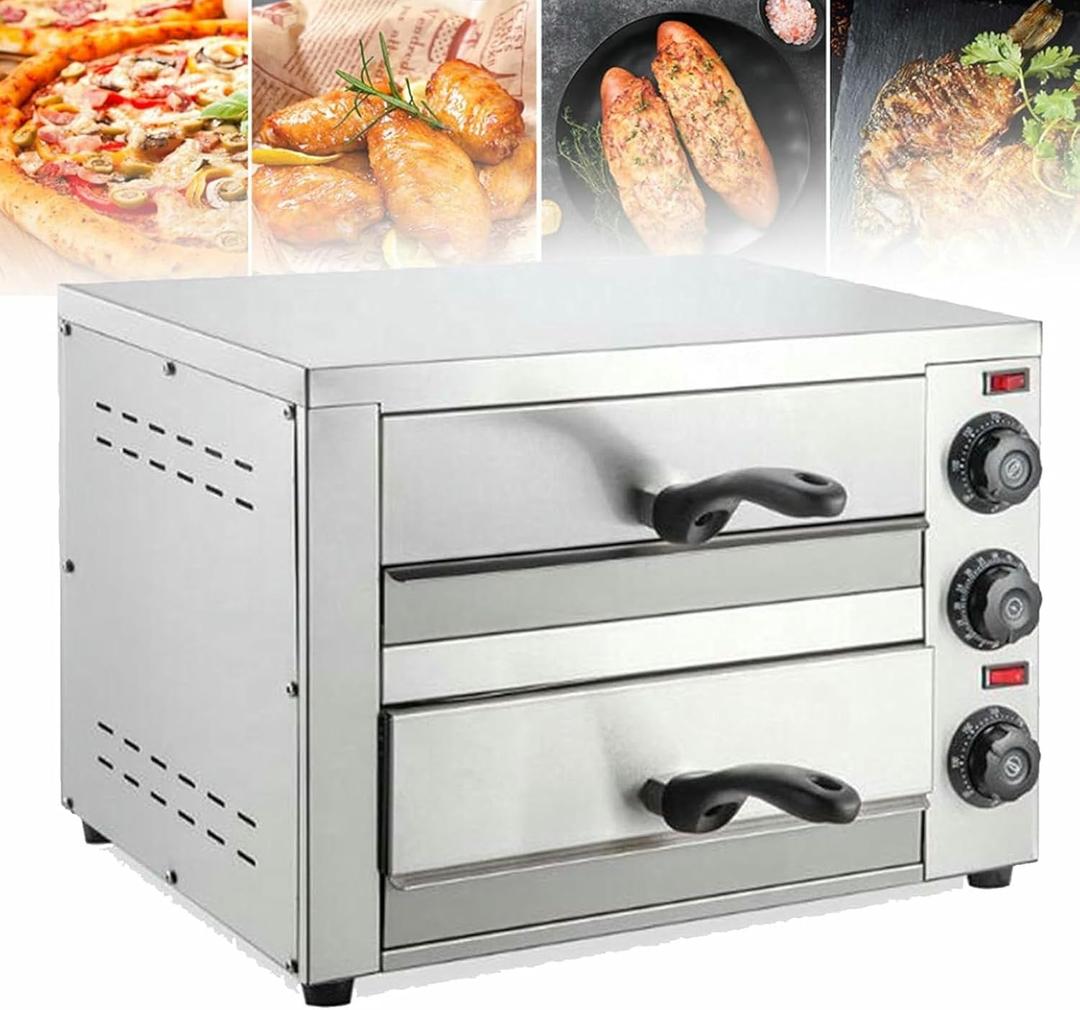 Commercial Pizza Oven Countertop, Double Deck Layer, Stainless Steel Electric Pizza Oven with Handle