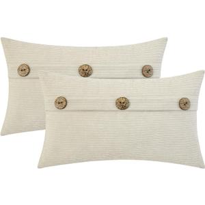 HWY 50 Cream White Chenille Throw Pillow Covers 12x20 Inch with Triple Buttons, Soft Farmhouse Accent Decorative Cushion Cases for Couch Sofa Bed Living Room Pack of 2 Rectangle